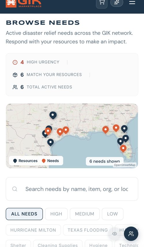 GIK — Browse Needs on Mobile showing urgency stats, interactive map, and filter options